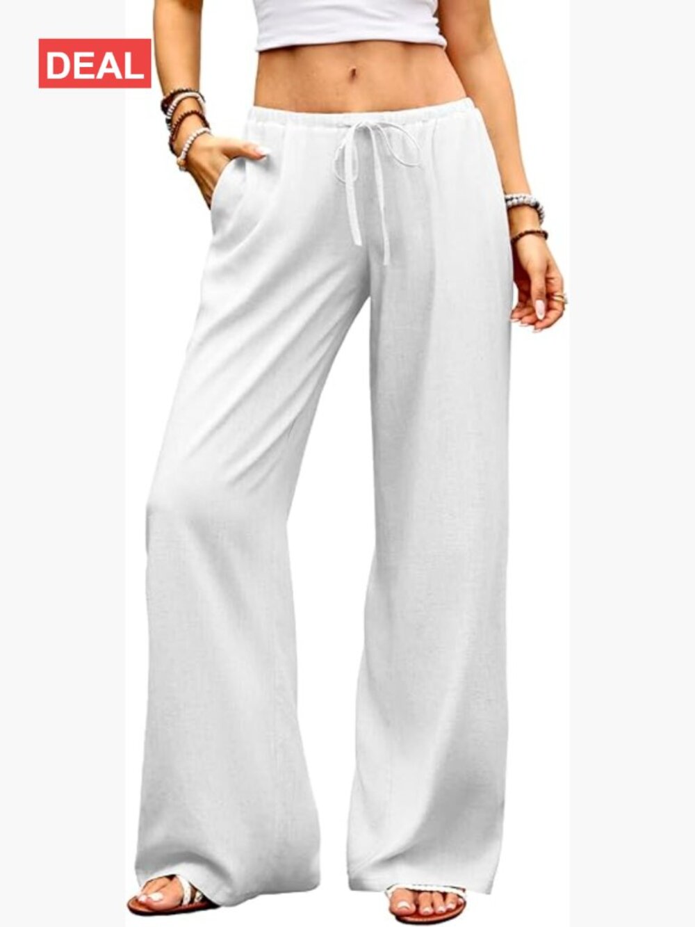 Low Rise Wide Leg Linen Blend Palazzo Pants with Pockets